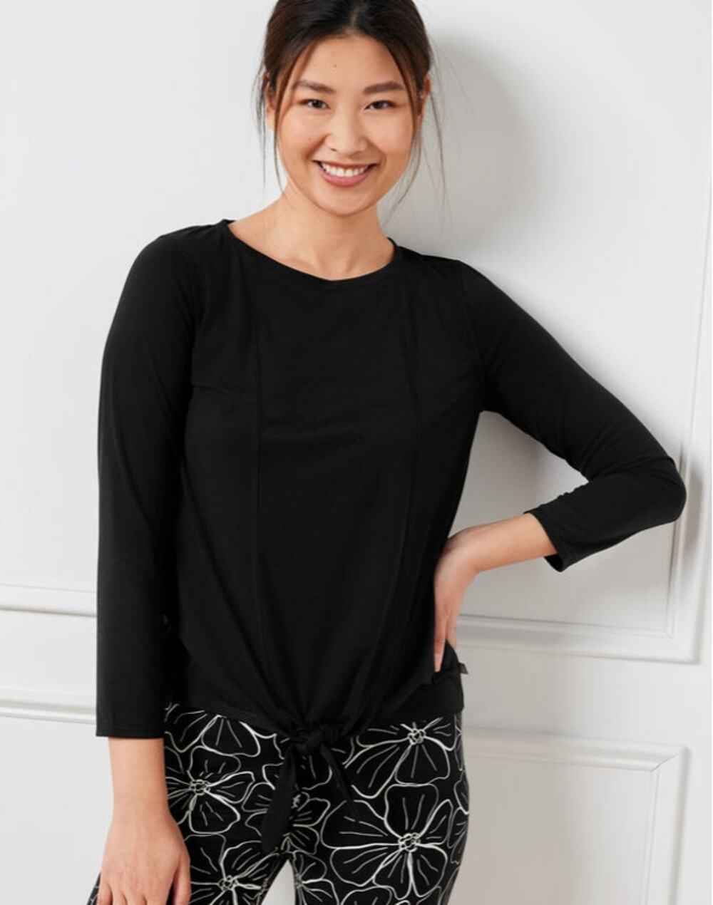 T by Talbots Size XL Black Supersoft Jersey Tie Front Tee Long Sleeve Stretchy